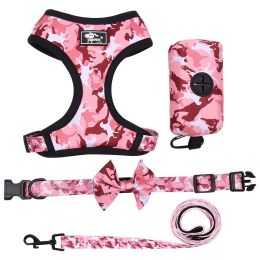 4Pcs Set Reflective No Pull Dog & Cat Harness Collar Leash With Dog Poop Bag For Small Medium Dog (Color: pink)