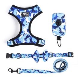 4Pcs Set Reflective No Pull Dog & Cat Harness Collar Leash With Dog Poop Bag For Small Medium Dog (Color: Blue)