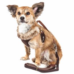 Pet Life Luxe 'Furracious' 2-In-1 Mesh Reversed Adjustable Dog Harness-Leash W/ Removable Fur Collar (Color: brown)