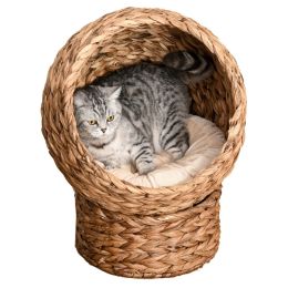 Simple Yet Practical Natural Braided Banana Leaf Elevated Cat Bed Basket With Cushion (Color: brown)